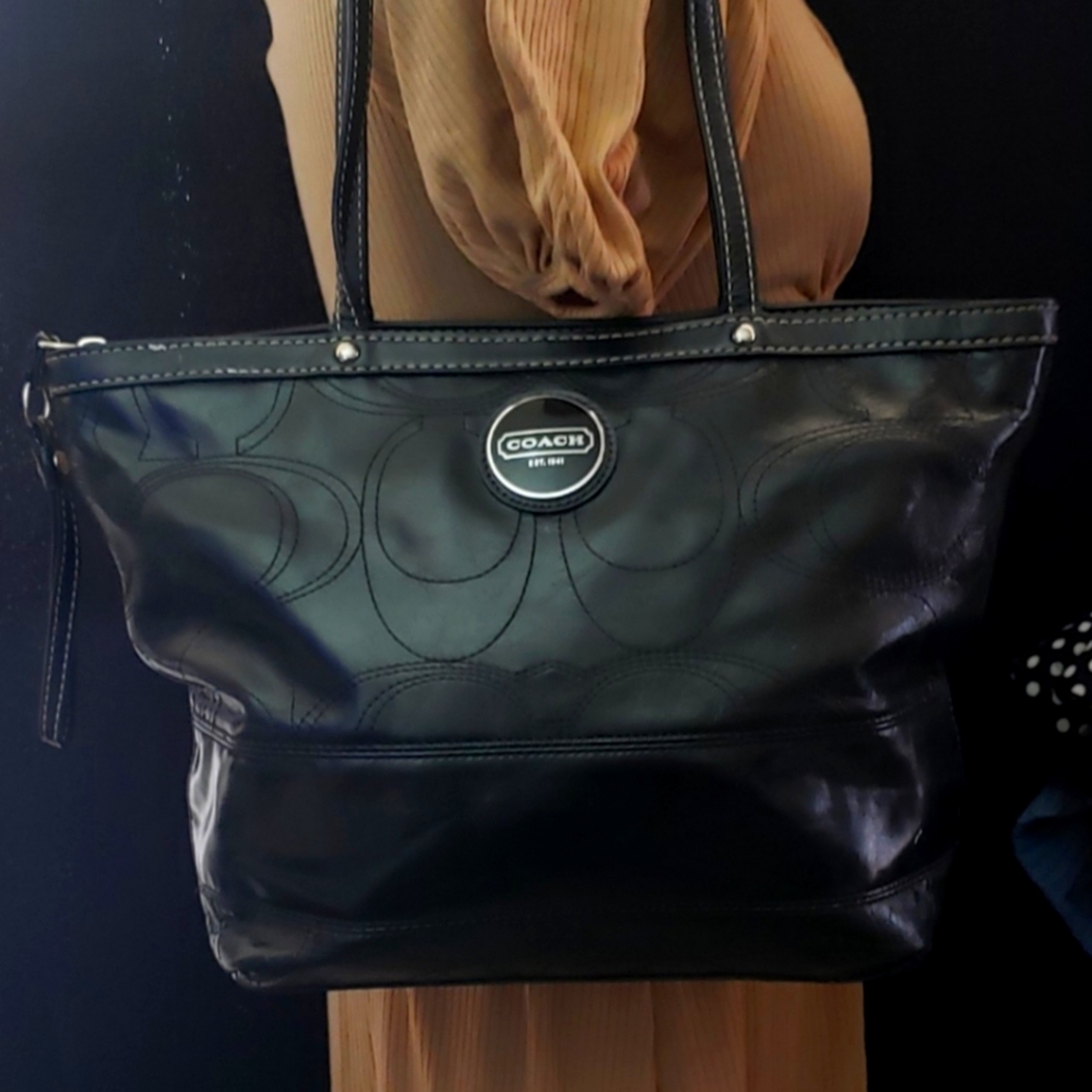 Vintage Coach Black Leather Tote with Metal Accents